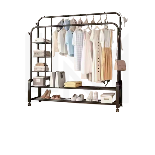 Portant à vêtements en métal robuste de 150 cm avec billes multi-glissements, portant à vêtements autoportant à encastrer pour manteaux, jupes et chemises.