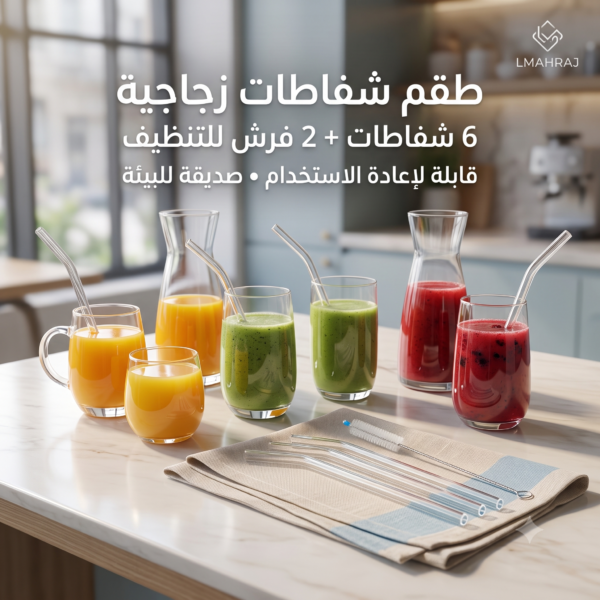 🥤 طقم شفاطات زجاجية قابلة لإعادة الاستخدام – 6 قطع مع فرشتين للتنظيف