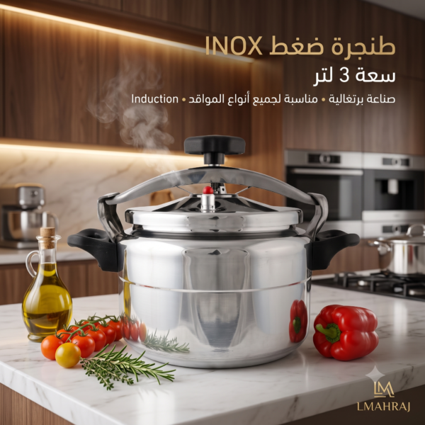 🍲 طنجرة ضغط INOX سعة 3 لتر – صناعة برتغالية | مناسبة لجميع أنواع المواقد بما فيها الحث (Induction)