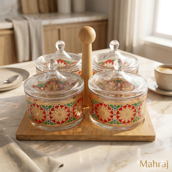 Service de Petit-Déjeuner Royal – 4 Pots en Verre pour Beurre et Miel avec Support en Bambou 🐝✨