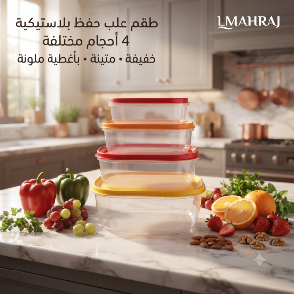 🥣 طقم علب حفظ بلاستيكية – 4 أحجام مع أغطية ملونة | خفيفة وعملية