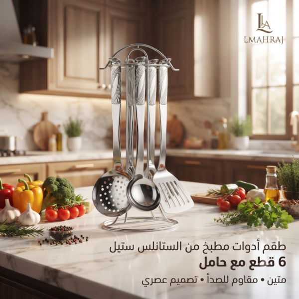 🍳 طقم أدوات مطبخ من الستانلس ستيل – 6 قطع مع حامل | تصميم أنيق وعصري