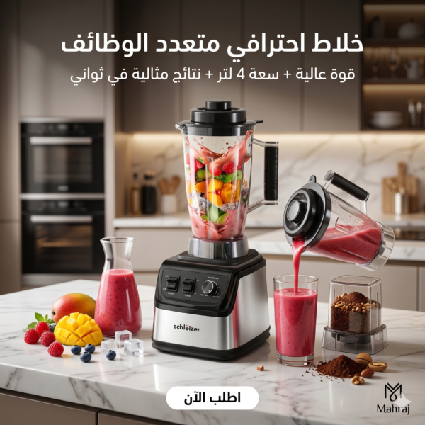 Schlëizer Blender Multifonction 2 en 1 – خلاط قوي بسعة 4 لتر و15 سرعة للاستخدام اليومي 🥤⚡