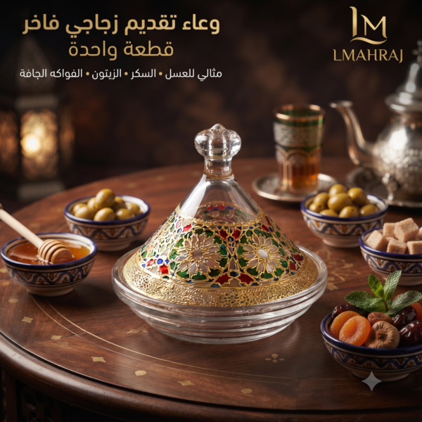 🍯 وعاء تقديم زجاجي فاخر بغطاء – تصميم مغربي أنيق | مثالي للعسل، السكر، الزيتون والفواكه الجافة