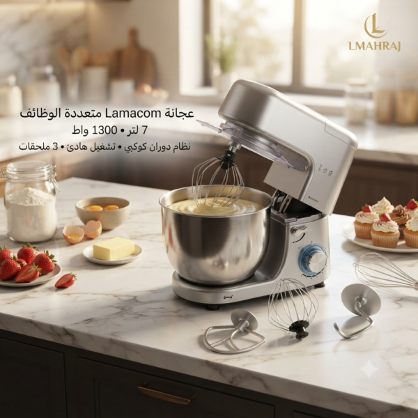 🍰 عجانة Lamacom متعددة الوظائف 7 لتر – 1300 واط | نظام دوران كوكبي مع 3 ملحقات