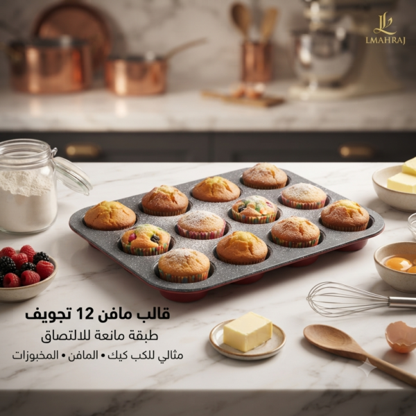 🧁 قالب مافن 12 تجويف بطبقة مانعة للالتصاق – مثالي للكب كيك والمخبوزات