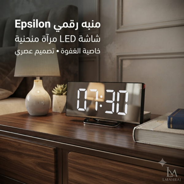 ⏰ منبه رقمي Epsilon بشاشة LED مرآة منحنية – ساعة مكتبية مع خاصية الغفوة (Snooze)