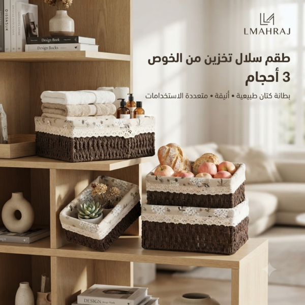 🧺 طقم سلال تخزين من الخوص مع بطانة كتان طبيعية – 3 أحجام | أنيقة وعملية لتنظيم المنزل