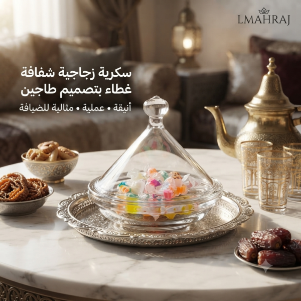 🍬 سكرية زجاجية شفافة بغطاء على شكل طاجين – تصميم أنيق لحفظ وتقديم الحلويات
