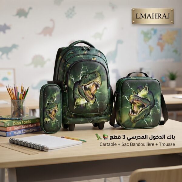 🦖🎒✨ Pack Scolaire Dinosaure 3 Pièces – Cartable à Roulettes + Sac Bandoulière + Trousse – Rentrée Scolaire