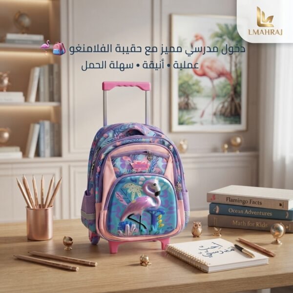 🦩🎒✨ Sac à Dos Trolley Enfant Flamant Rose – Cartable à Roulettes Bleu & Rose – Rentrée Scolaire
